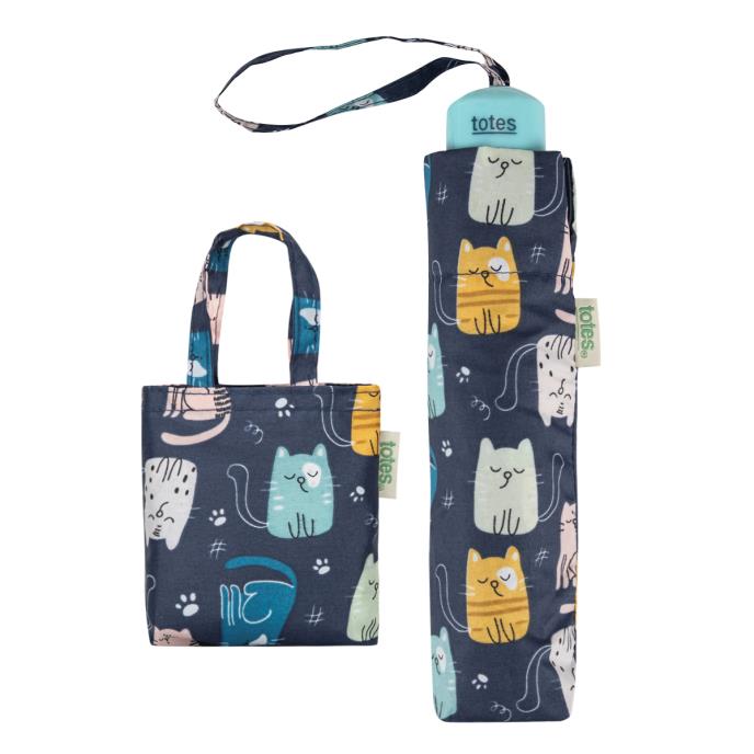 totes® Supermini & Matching Bag in Bag Umbrella Shopper Cat Print ( 3 Section )
